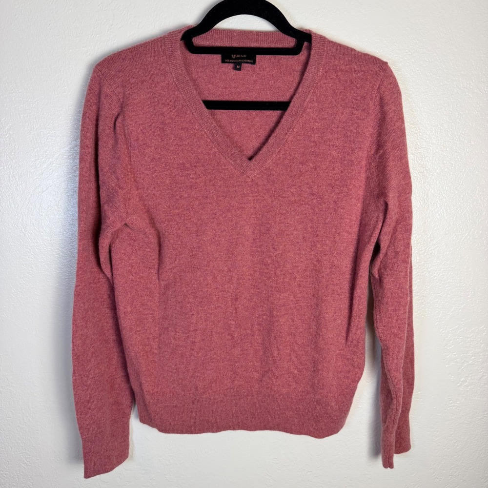Quince Womens M 100% Mongolian Cashmere V-Neck Sweater Heather Shaded Rose Pink